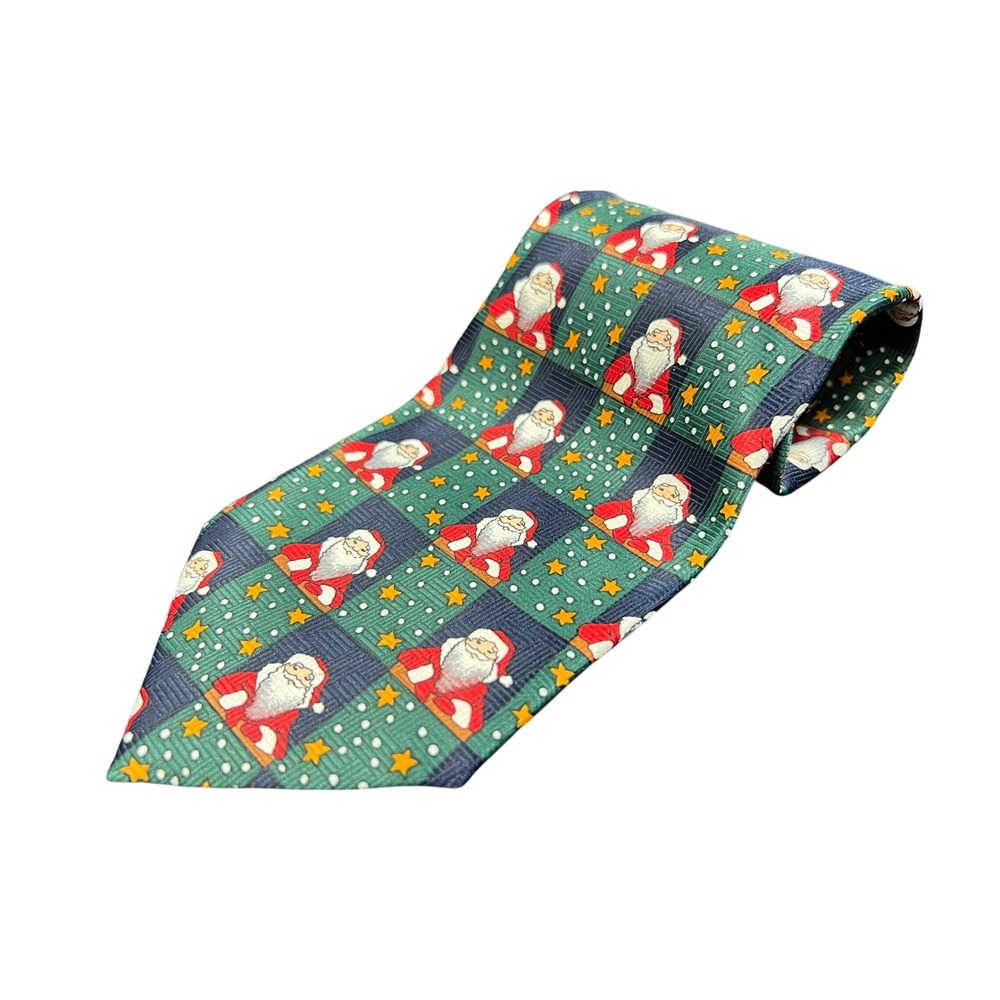 Mens Christmas Tie Santa Claus Stars Green Blue‎ Pattern Polyester